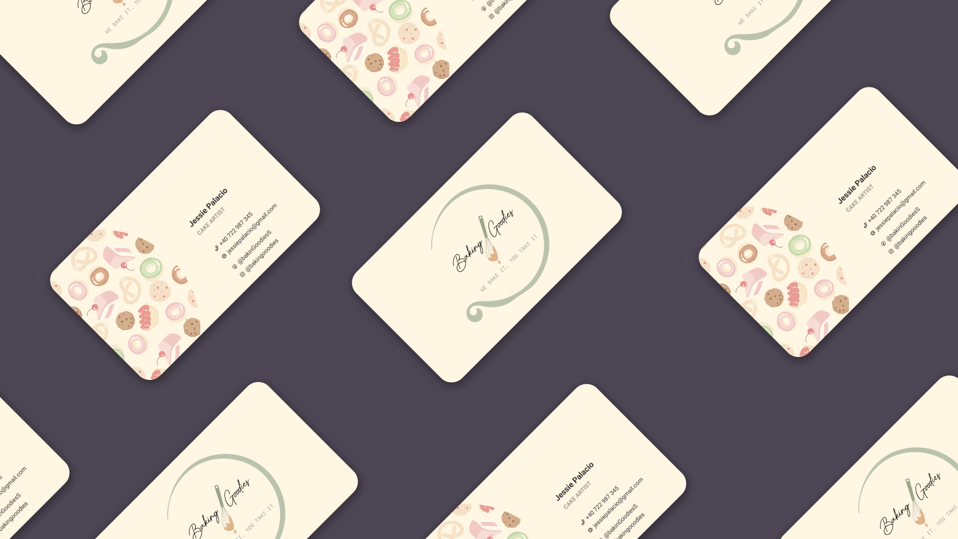 Baking Goodies business cards, isometric arrangement
