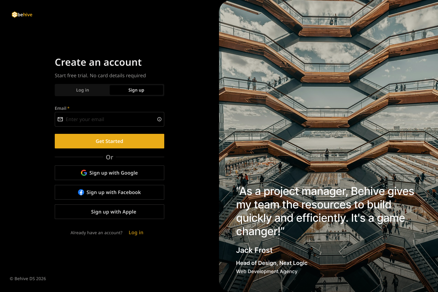 Behive login screen, light theme, desktop