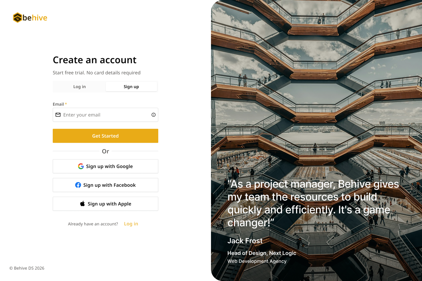 Behive login screen, dark theme, desktop
