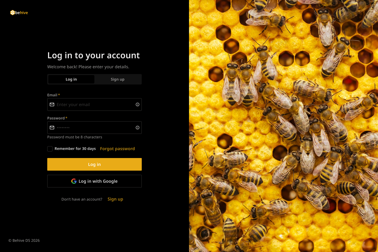 Behive login screen, dark theme, mobile