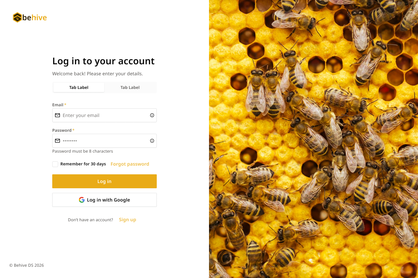 Behive login screen, light theme, mobile