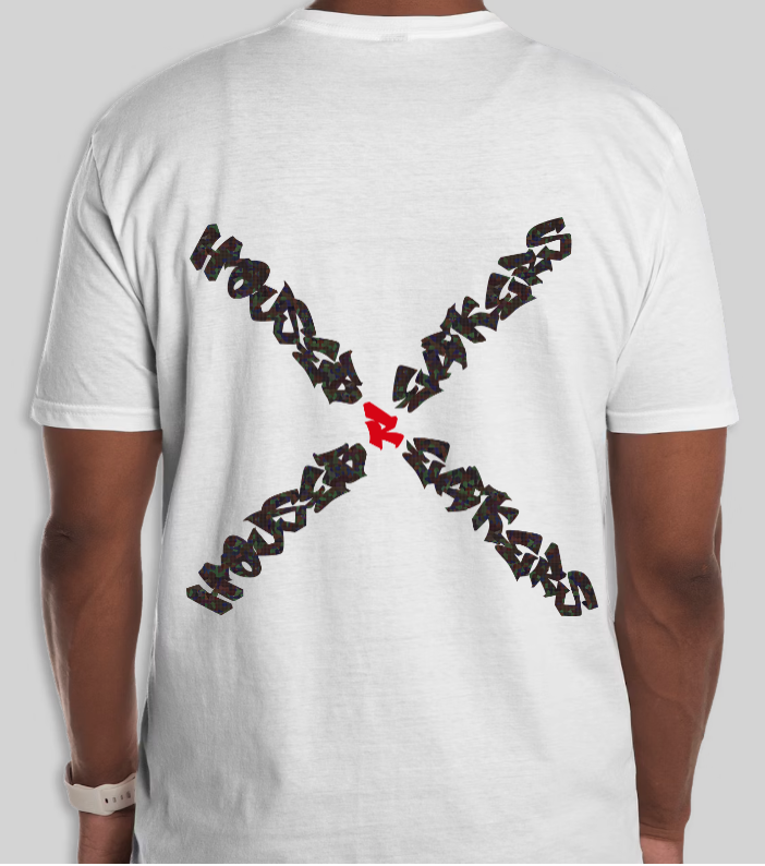 Housebreakers t-shirt, back, light colourway with X-typography