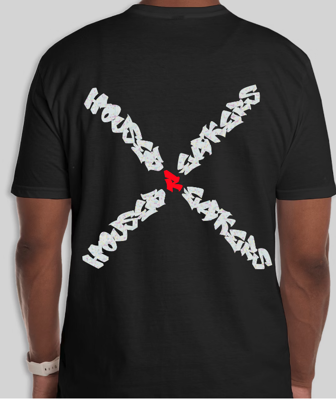 Housebreakers t-shirt, back, with X-typography and red focal point