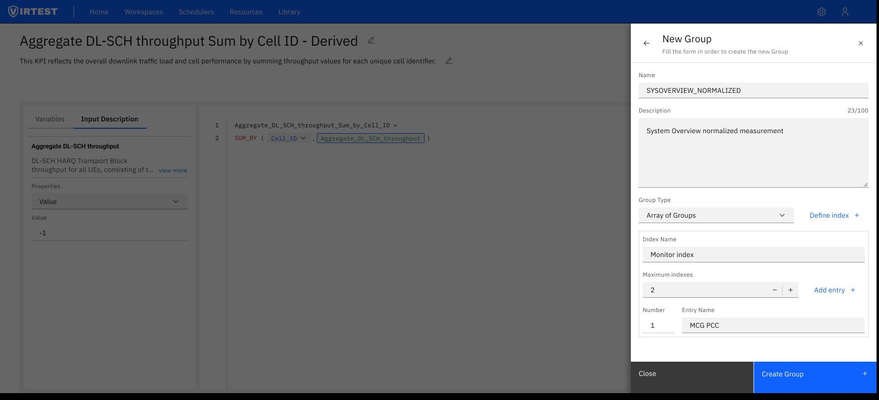 New Group panel showing name, description, group type and index configuration