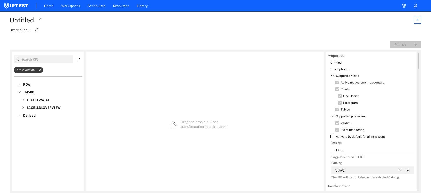 Old KPI Creator — empty canvas state with drag and drop prompt