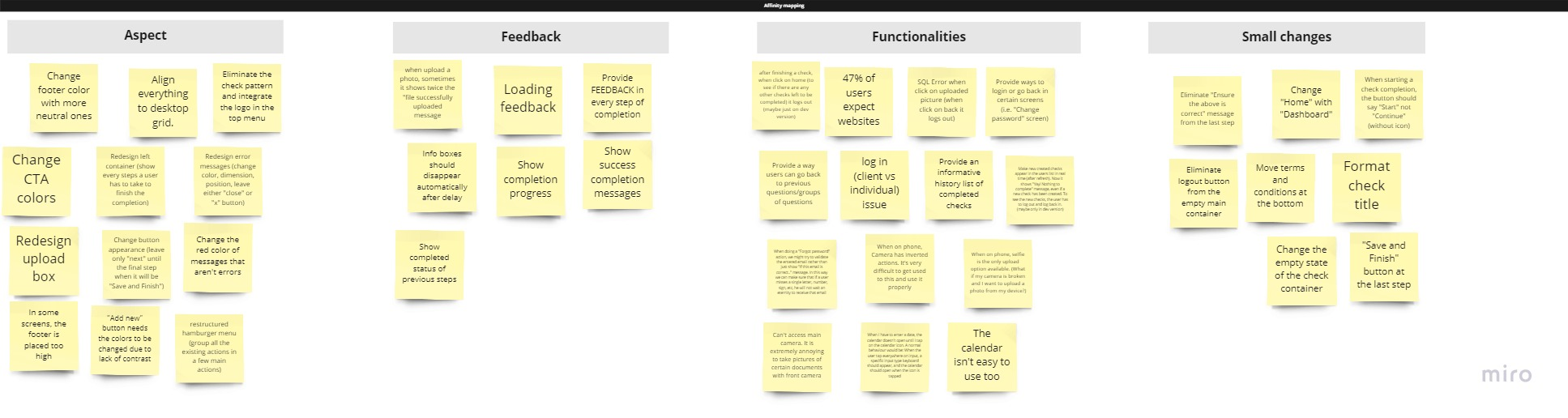 Ideation board — organised sticky notes across feedback, functionality, UX, and small changes categories