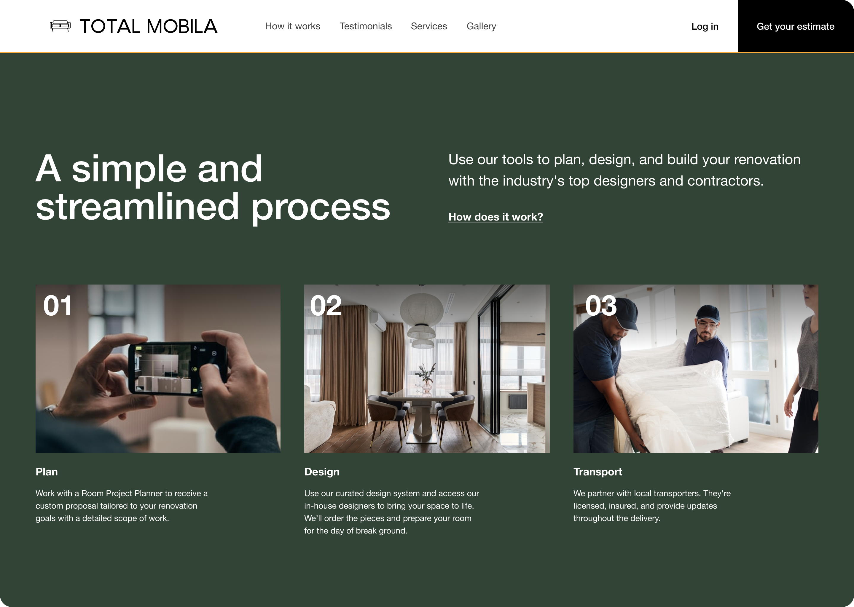 Total Mobila landing page, after intro animation