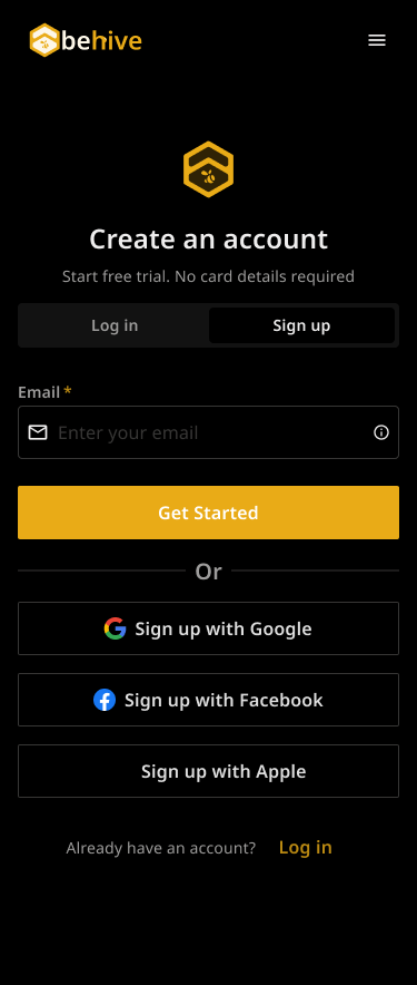 Behive login screen, dark theme, mobile