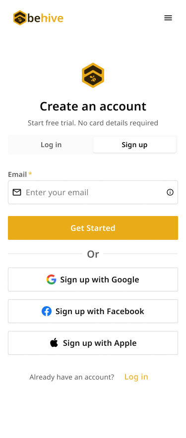 Behive login screen, light theme, mobile