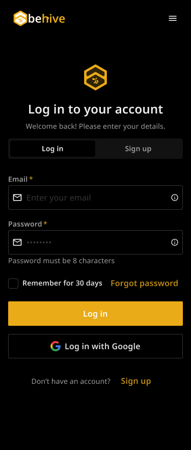 Behive login screen, dark theme, mobile