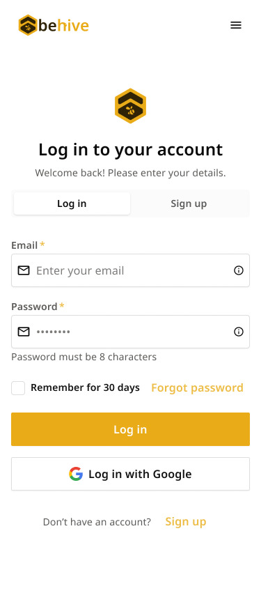 Behive login screen, light theme, mobile