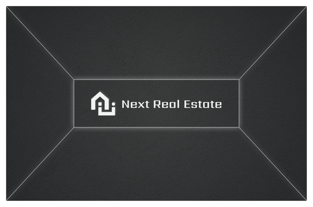 Next Real Estate business card, front — matte dark with neon frame