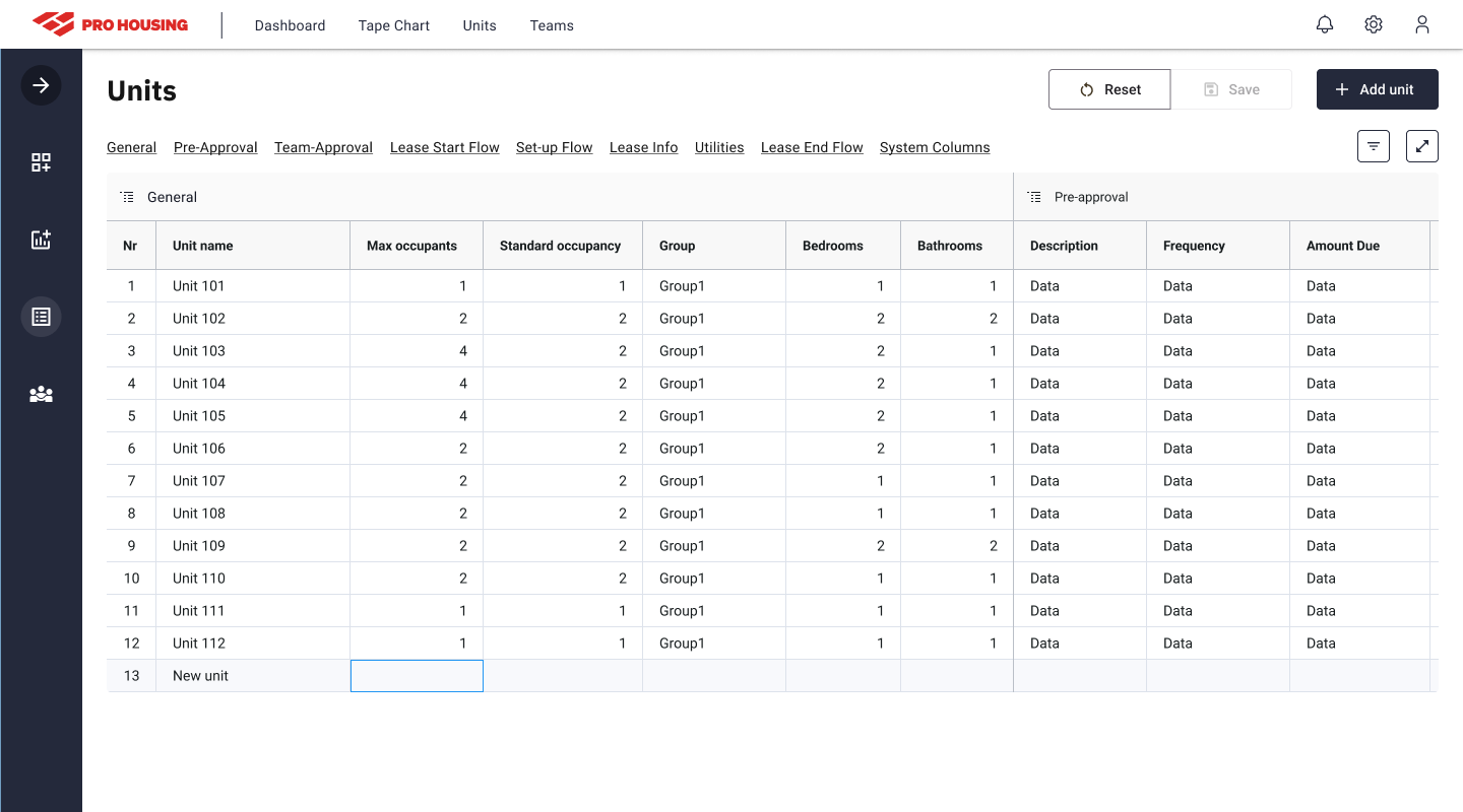 ProHousing add unit flow — focused cell input with guided interaction