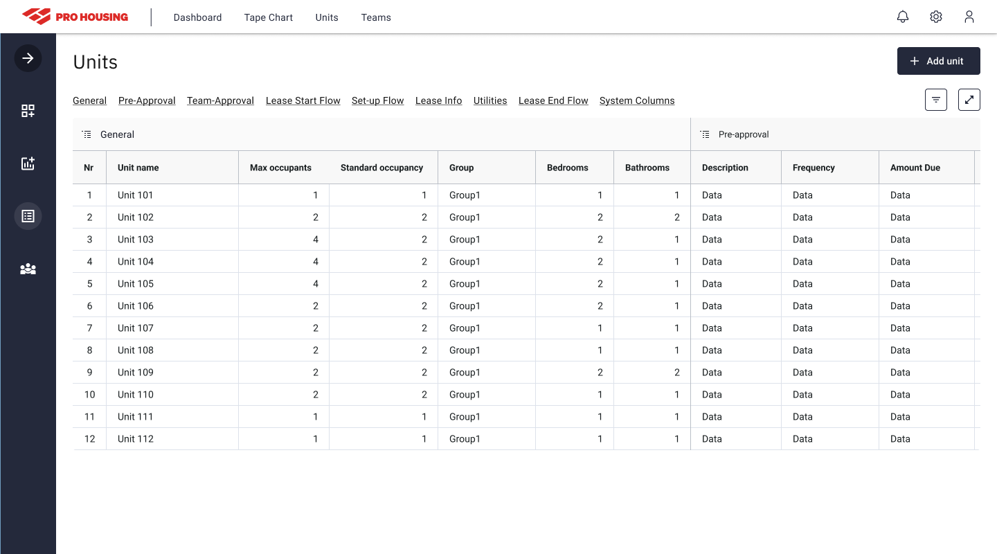 ProHousing booking table — base state with empty add row