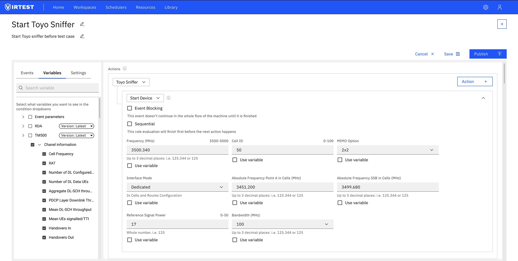Start Device action fully configured with Frequency Cell ID MIMO Interface Mode parameters and Use variable checkboxes, Publish button active
