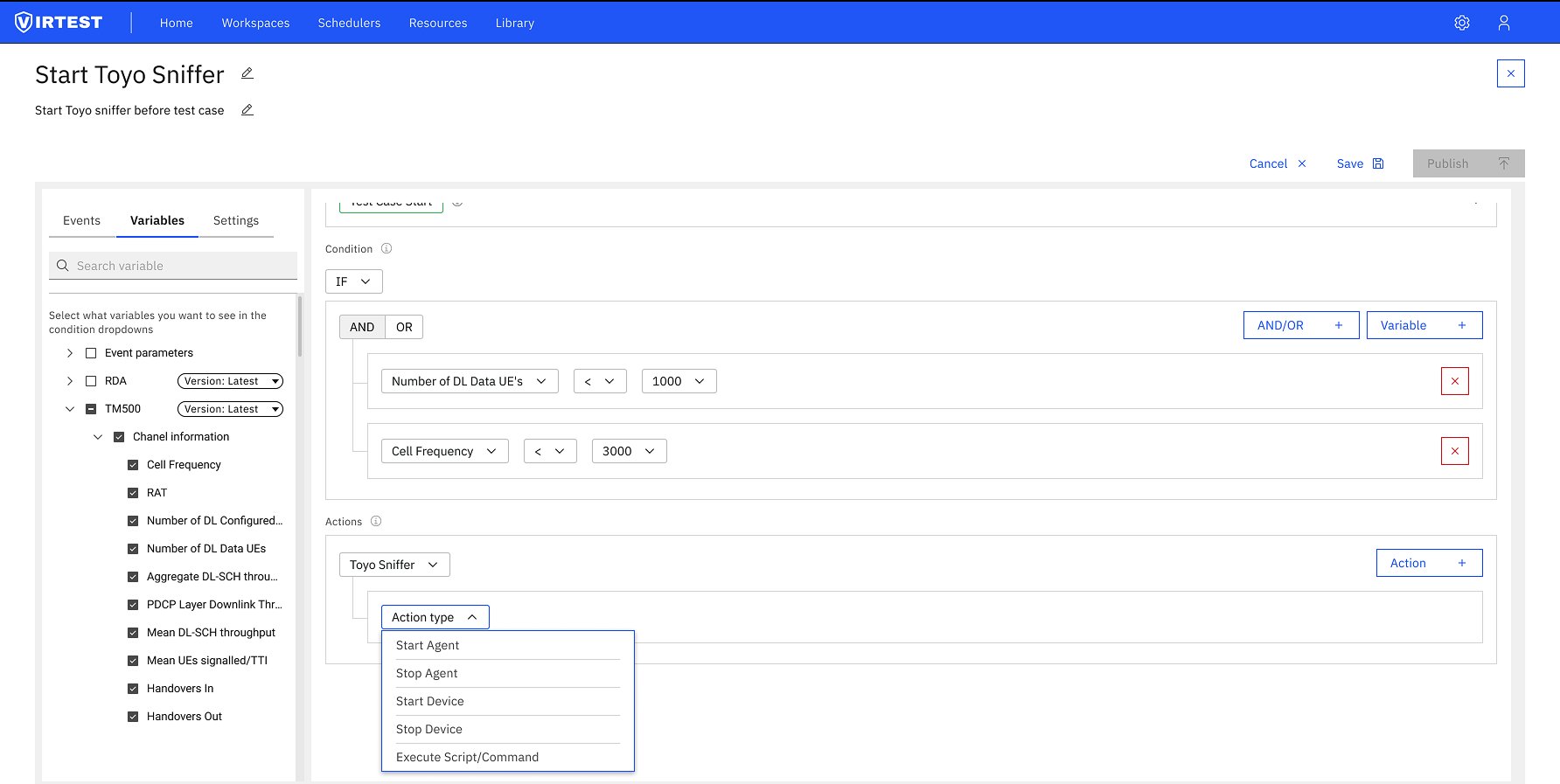 Action type dropdown showing Start Agent, Stop Agent, Start Device, Stop Device, Execute Script/Command options
