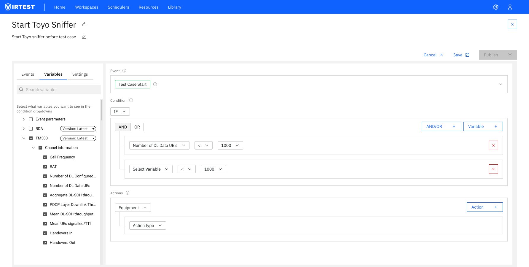 Two conditions configured: Number of DL Data UEs less than 1000 AND second condition, Actions section below
