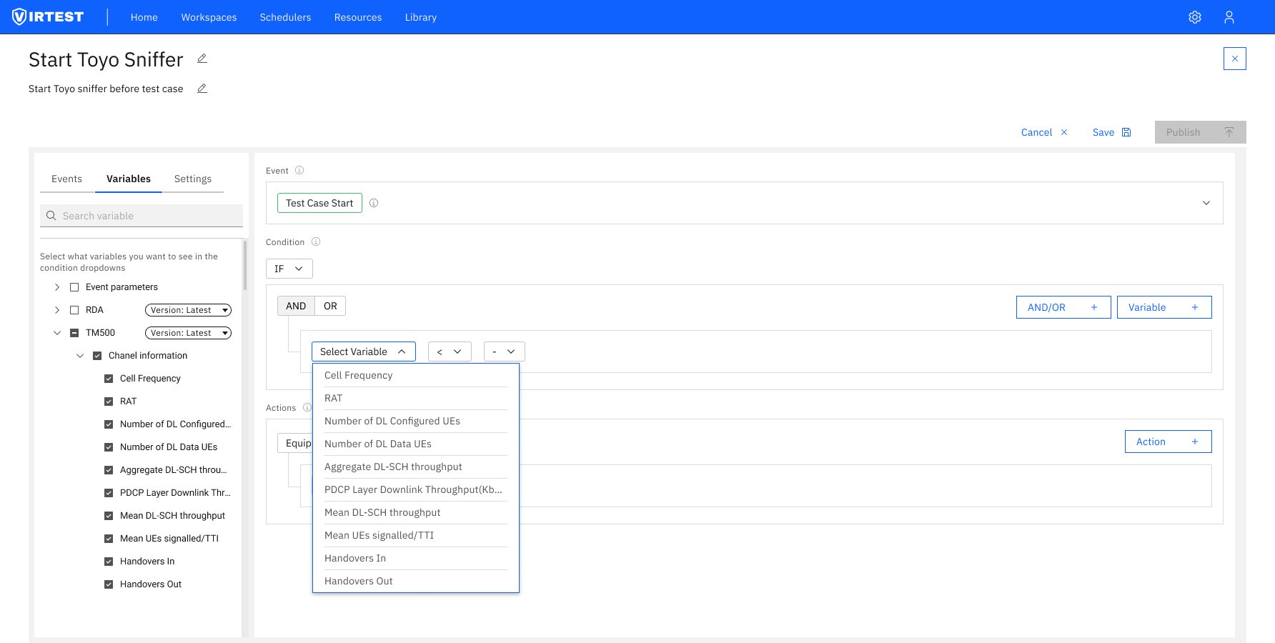 Variables tab with TM500 Channel information expanded, Select Variable dropdown open in condition builder