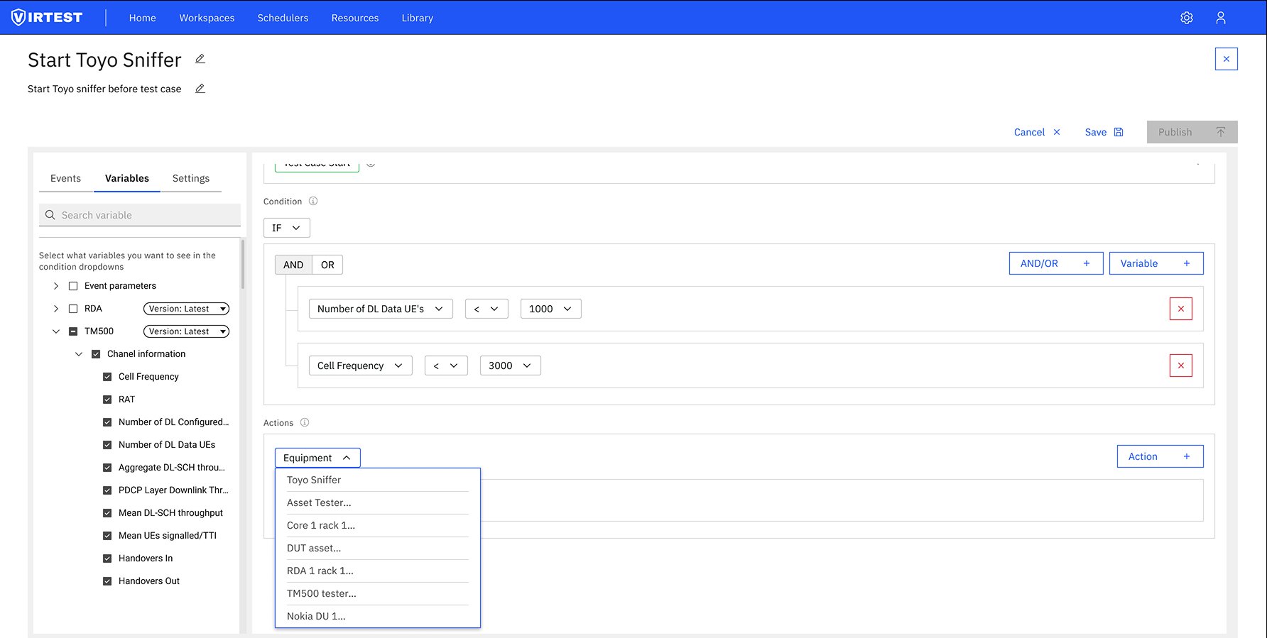 Equipment dropdown open showing Toyo Sniffer, Asset Tester, Core 1 rack, DUT asset, RDA rack, TM500 tester, Nokia DU options