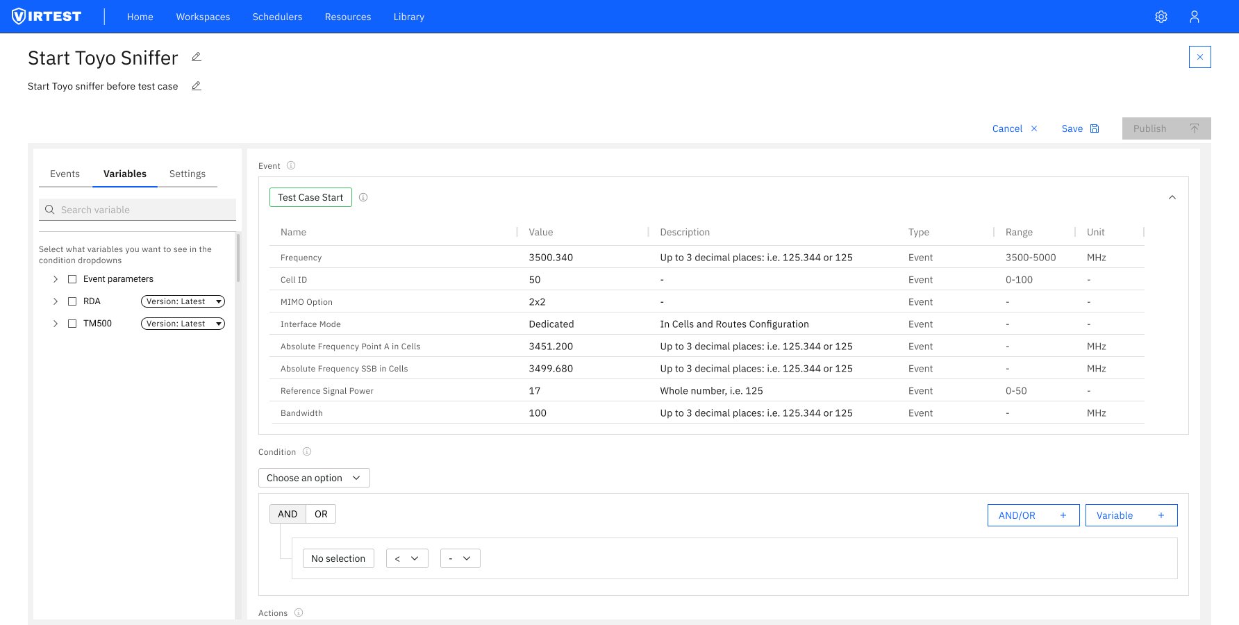 Rule editor Variables tab showing Test Case Start event expanded with parameters table including Frequency Cell ID MIMO Interface Mode