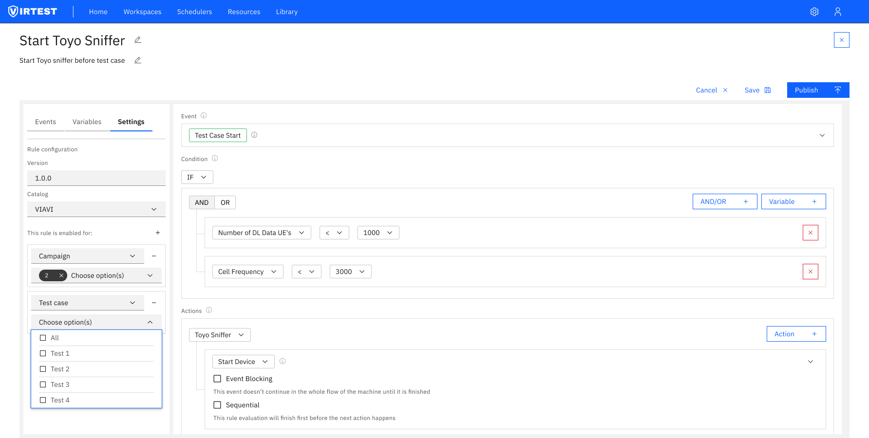 Settings tab showing Version 1.0.0 Catalog VIRTUAL rule enabled for Campaign and Test Case scope selection