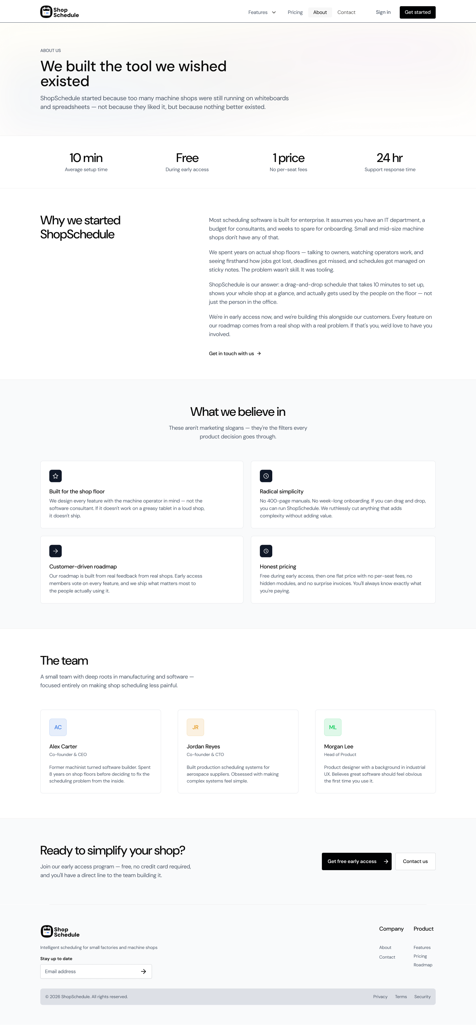Shop Schedule About page — origin story, four company values, and team section