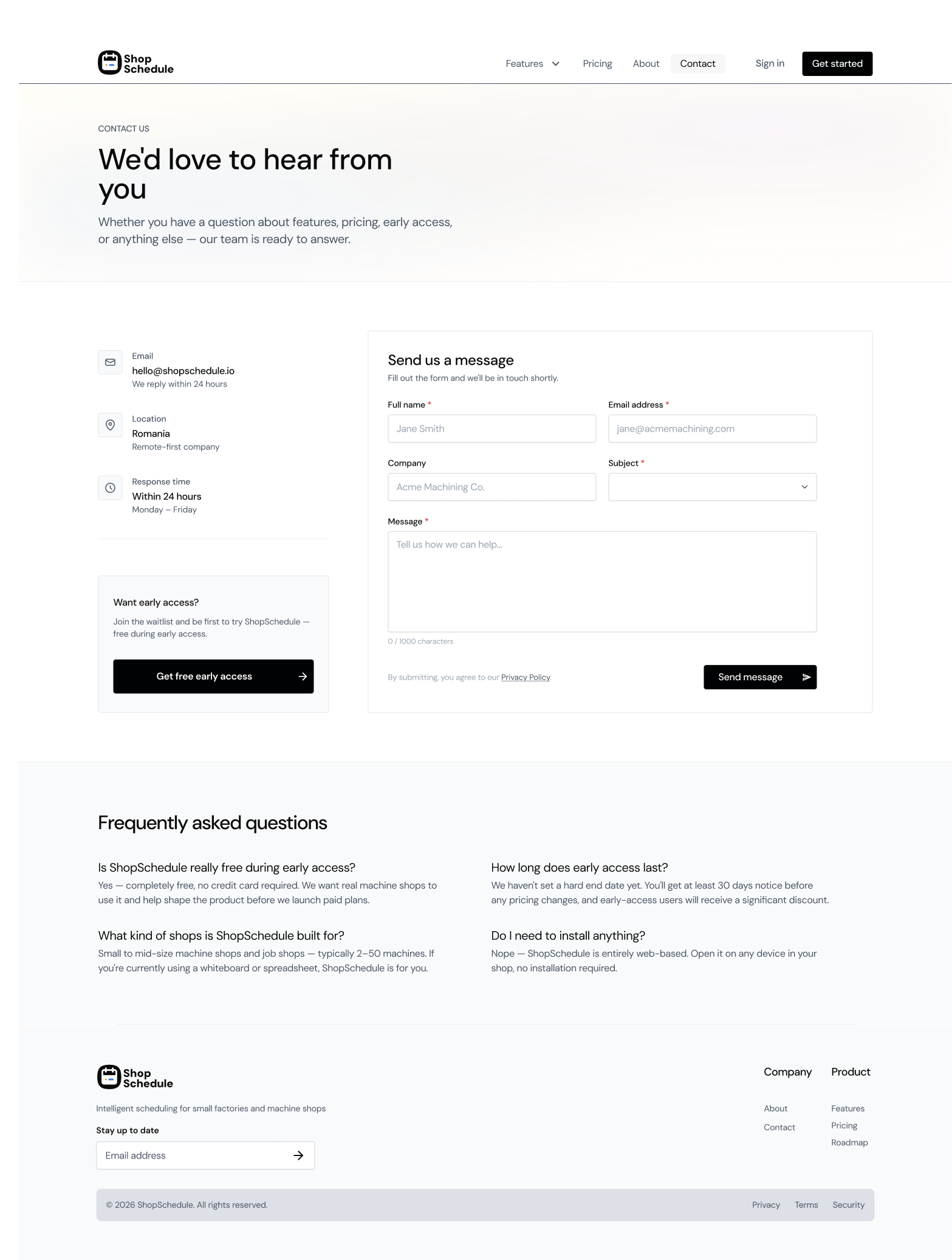 Shop Schedule About page — origin story, four company values, and team section