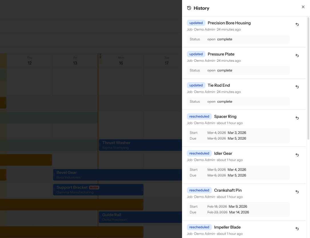 History & Undo panel showing rescheduled and updated job entries with revert controls