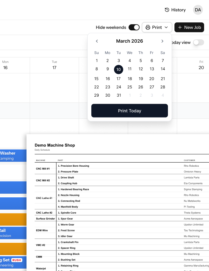 Print Schedule — calendar picker and print-ready daily schedule preview showing machine, part, customer and due date columns