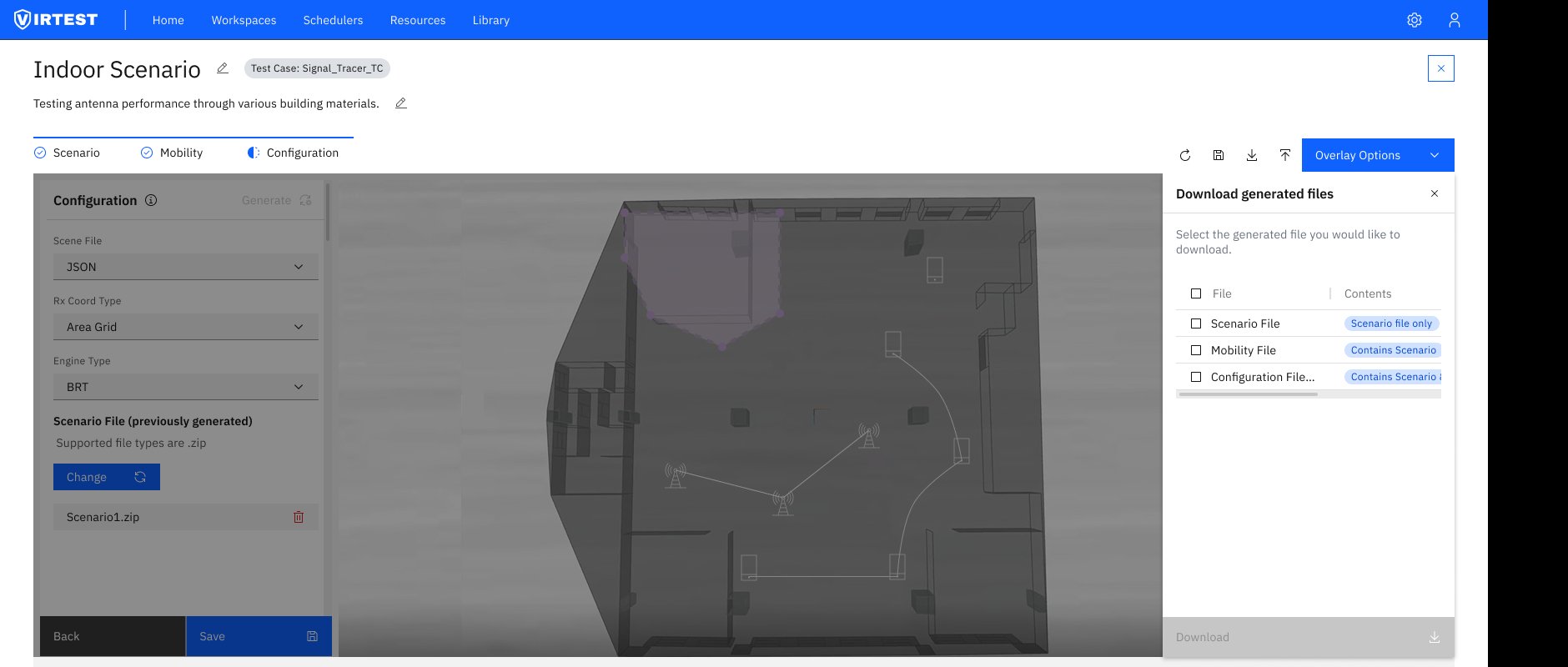 Download generated files panel showing Scenario, Mobility and Configuration file options