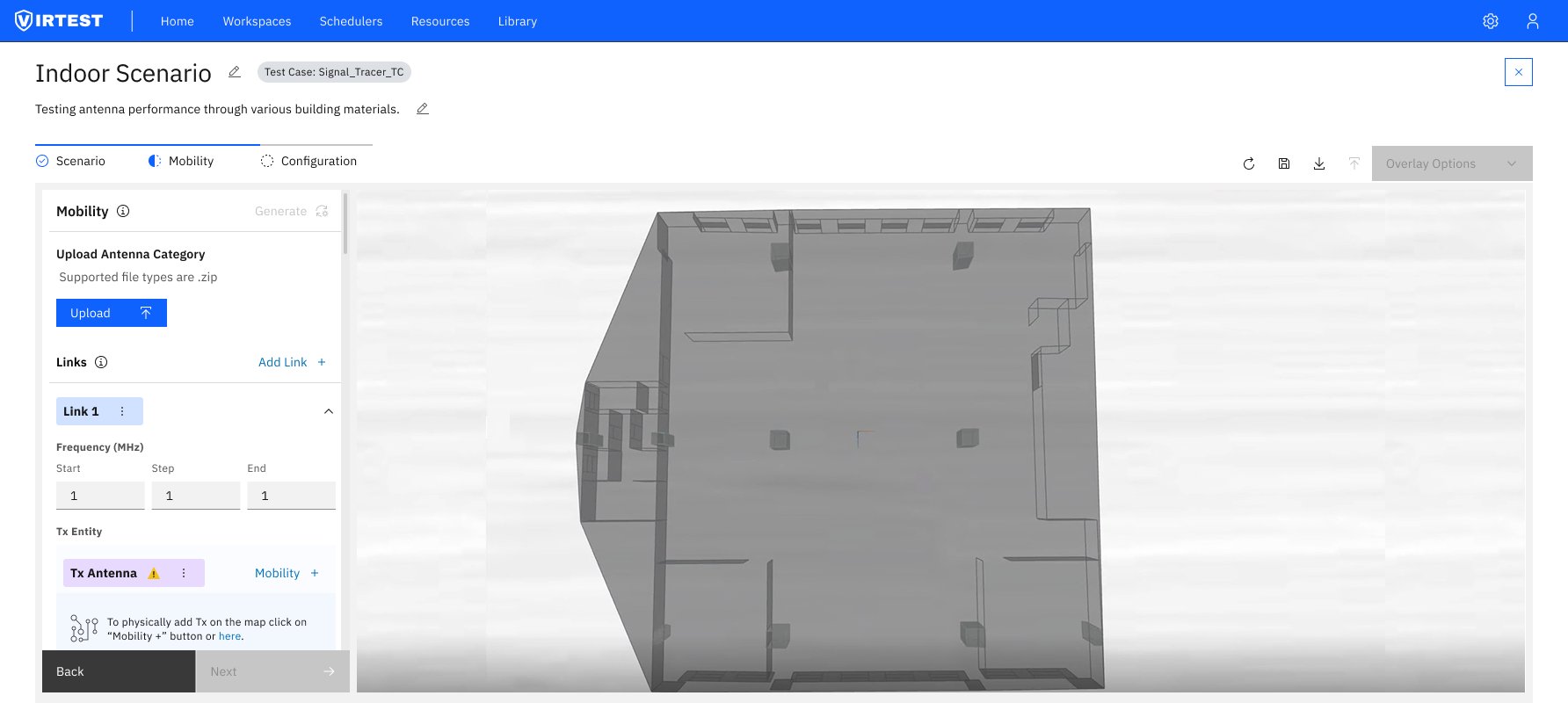 Mobility configuration showing TX/RX antenna placement on 3D floor plan