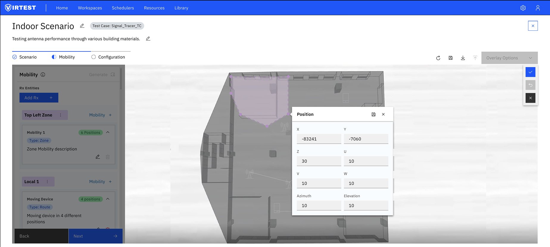 Position editing panel with X Y Z coordinate inputs and azimuth elevation fields