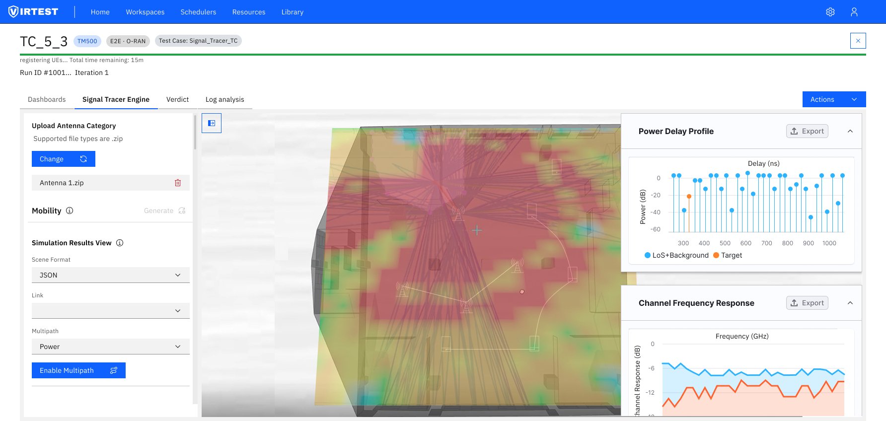 RF propagation heatmap overlay showing signal strength across 3D floor plan with ray tracing lines