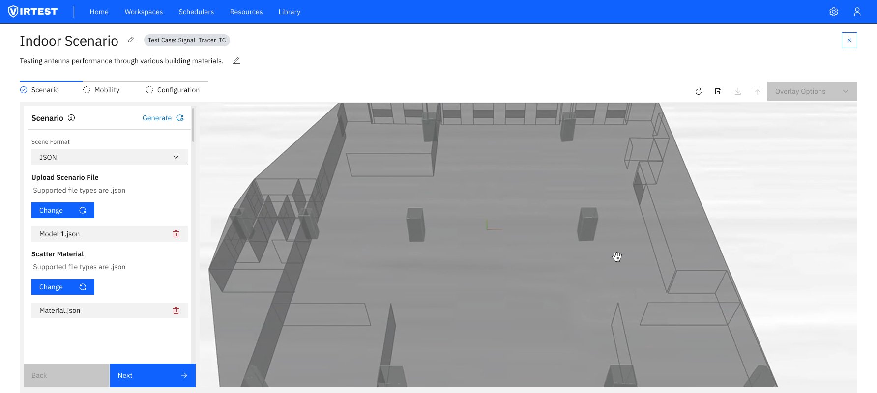 Signal Tracer — Scenario Setup with 3D indoor floor plan and JSON file upload