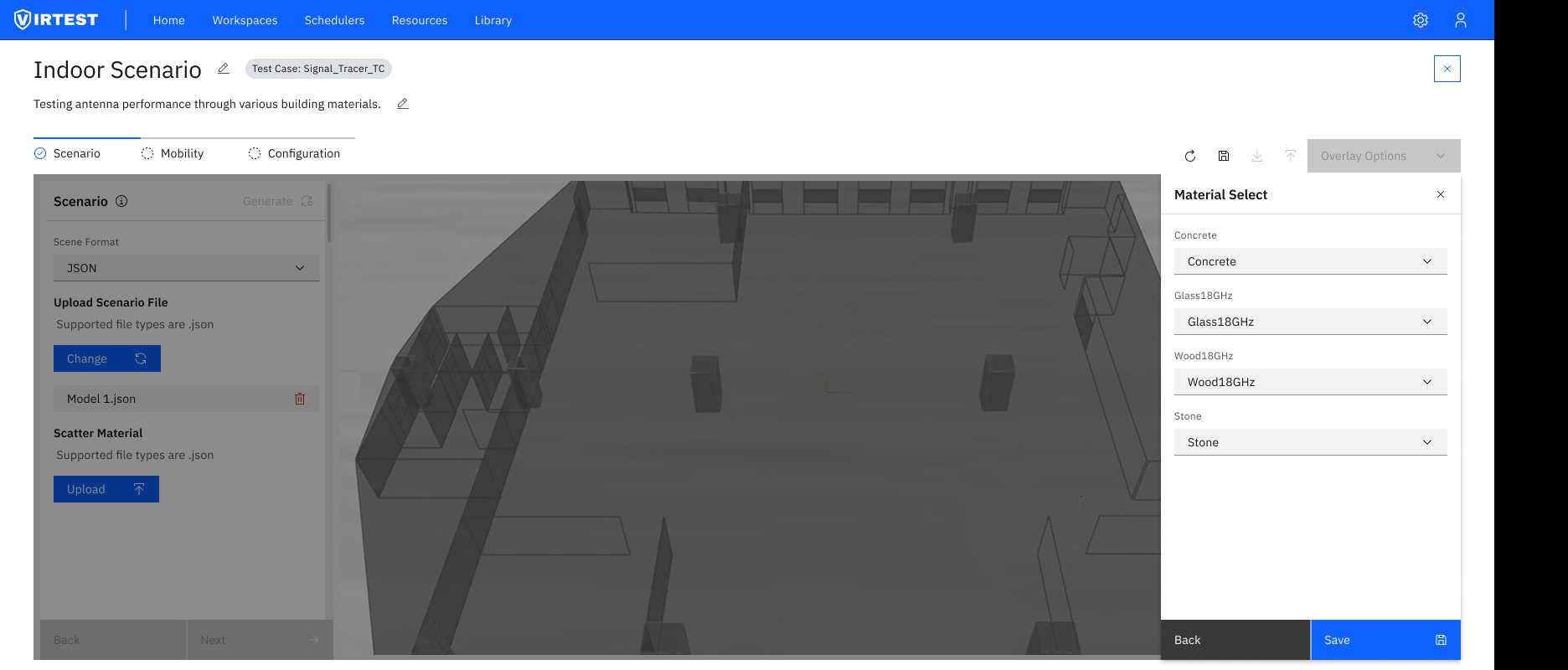 Material Select panel showing Concrete, Glass18GHz, Wood18GHz and Stone options