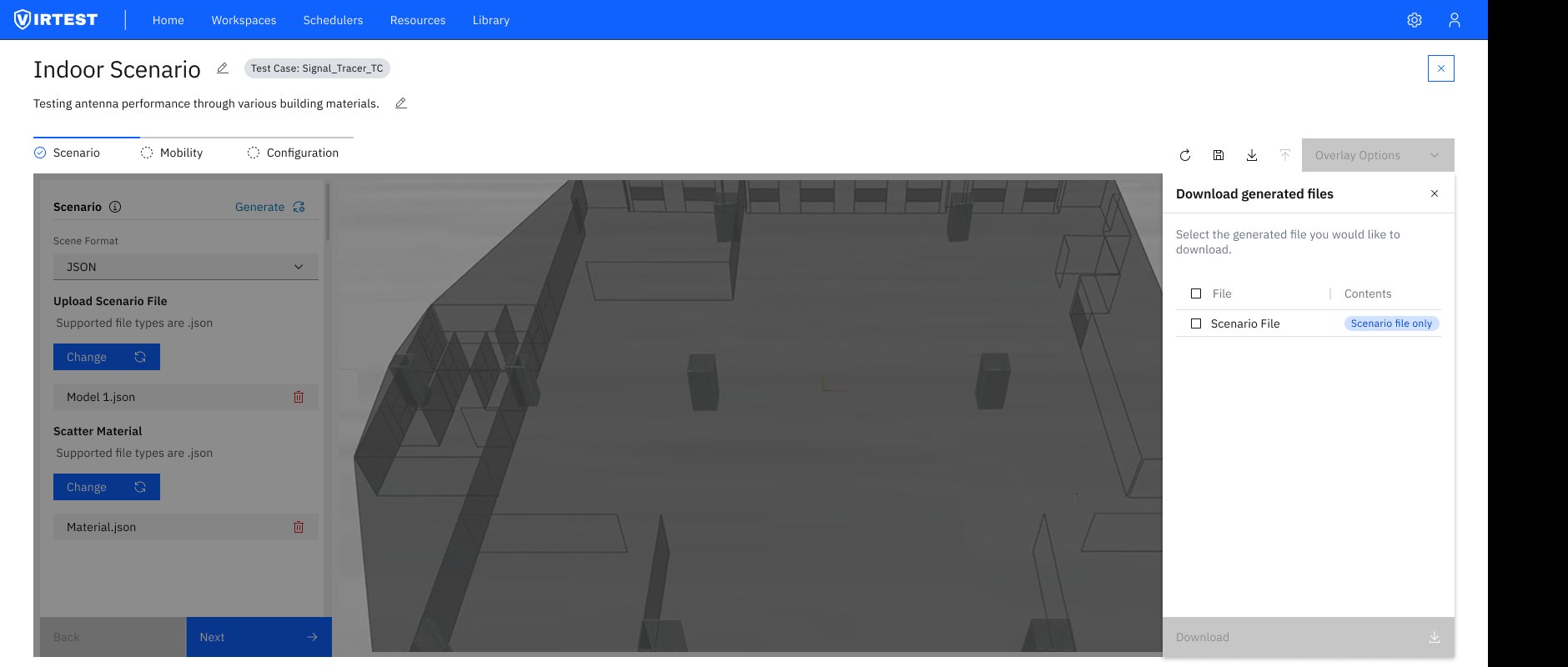 Download generated files panel showing Scenario File option
