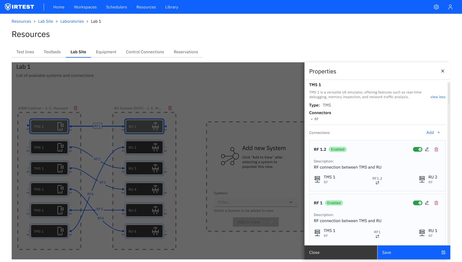 Properties panel showing TMS 1 with two connections RF 1.2 and RF 1 both enabled with endpoint details