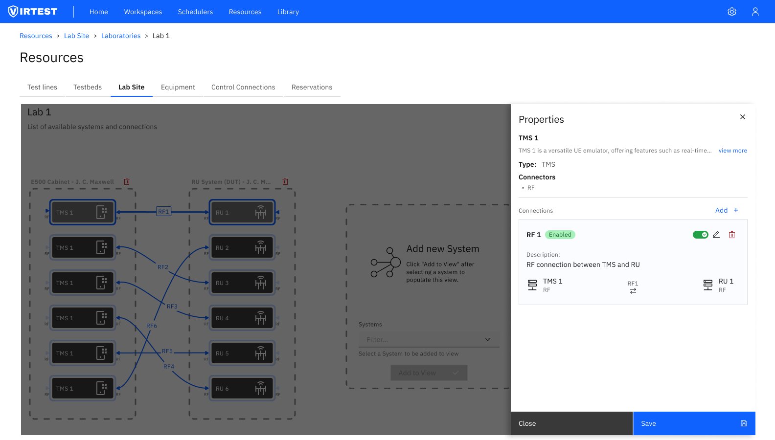 Properties panel showing TMS 1 with single RF 1 connection enabled between TMS 1 RF and RU 1 RF