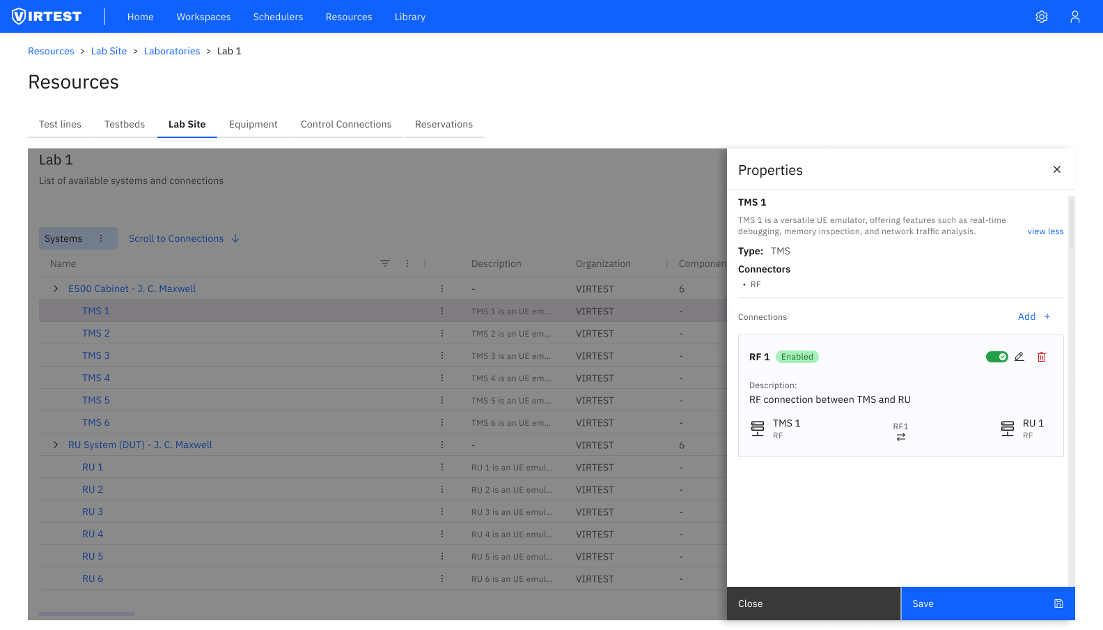 Table view showing E500 Cabinet with TMS 1-6 and RU System with RU 1-6 in hierarchical rows with Properties panel